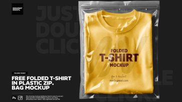 Folded T-Shirt Bag Mockup PSD showing yellow shirt inside transparent zip bag