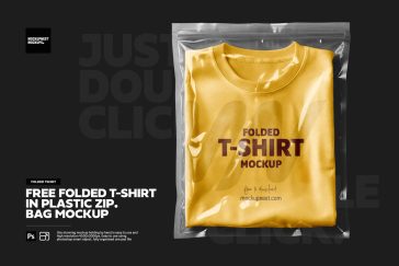 Folded T-Shirt Bag Mockup PSD showing yellow shirt inside transparent zip bag