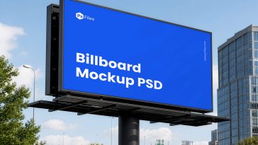 Giant outdoor billboard mockup PSD on city street with blue advertising display — PsFiles.com free download