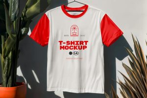 Hanging t-shirt mockup PSD with red sleeve raglan shirt on hanger