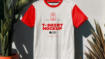Hanging t-shirt mockup PSD with red sleeve raglan shirt on hanger