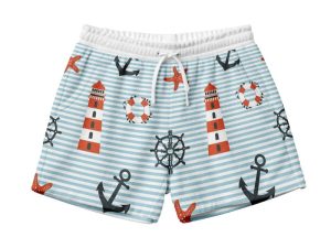 Printed Terry Shorts Mockup PSD with nautical pattern and striped fabric design — free download