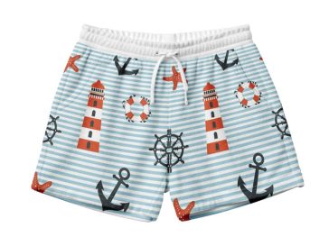 Printed Terry Shorts Mockup PSD with nautical pattern and striped fabric design — free download