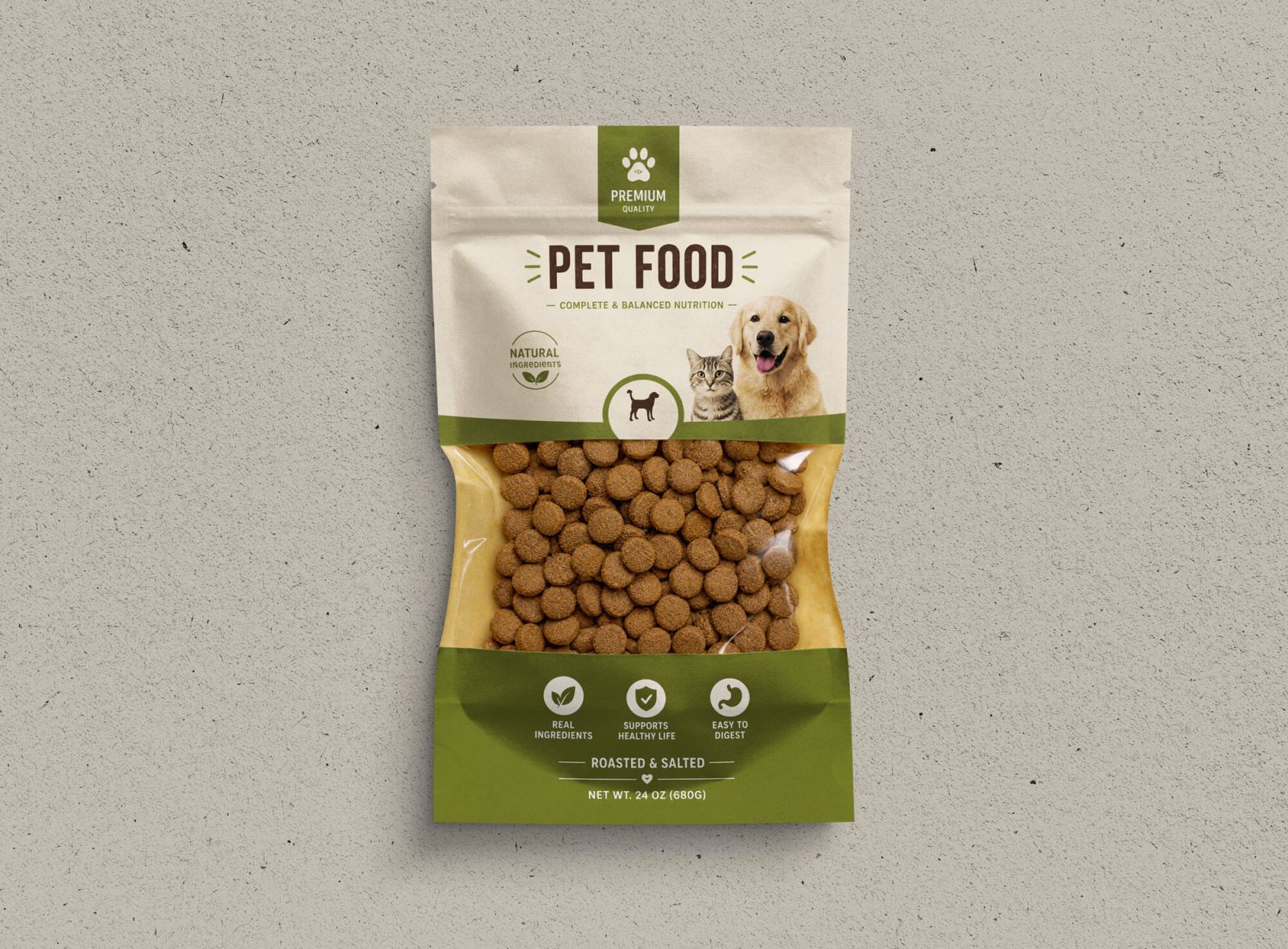Pet food packaging mockup PSD with realistic stand-up pouch and transparent food window — PsFiles.com free download