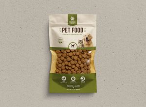 Pet food packaging mockup PSD with realistic stand-up pouch and transparent food window — PsFiles.com free download