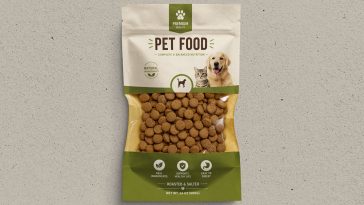 Pet food packaging mockup PSD with realistic stand-up pouch and transparent food window — PsFiles.com free download
