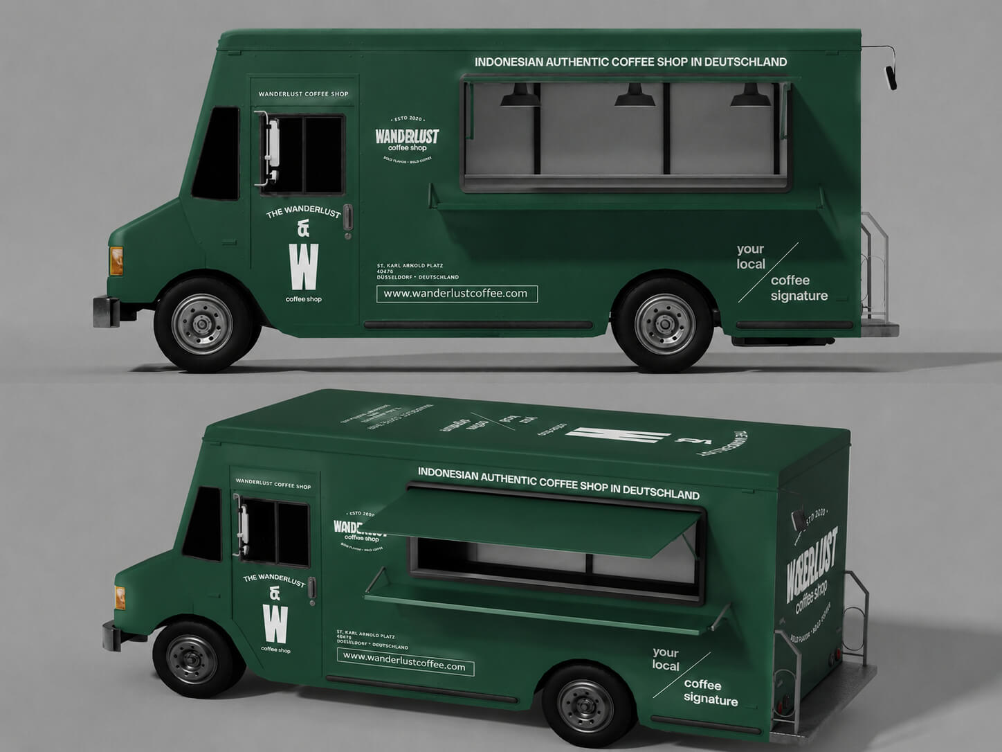free food truck van mockup psd realistic mobile coffee shop branding vehicle design template