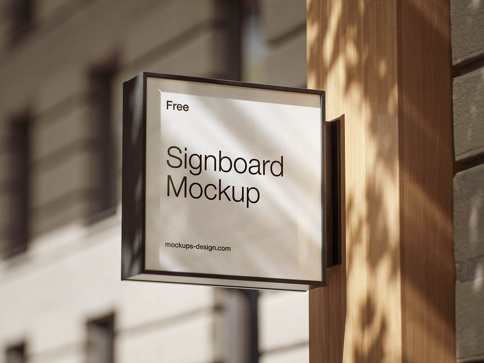 Square signboard mockup PSD mounted on modern storefront wall with realistic shadows