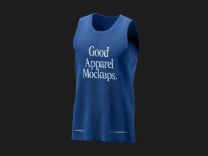 Blue sleeveless tank mockup PSD with realistic fabric texture on dark background — PsFiles.com free download