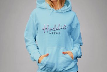 Female hoodie mockup PSD showing woman wearing light blue pullover hoodie — PsFiles.com free download