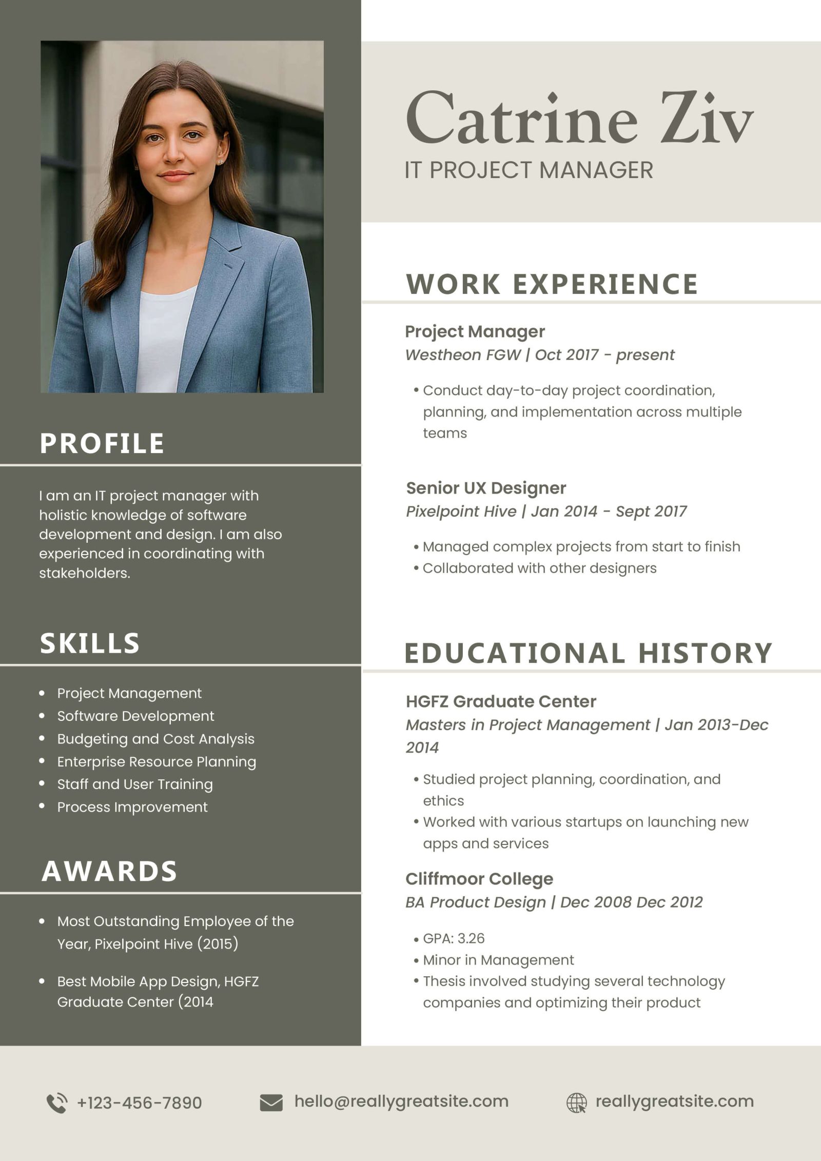 Professional IT Project Manager resume template PSD with clean two-column CV layout