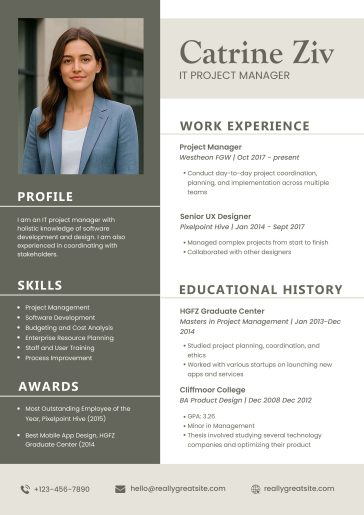 Professional IT Project Manager resume template PSD with clean two-column CV layout