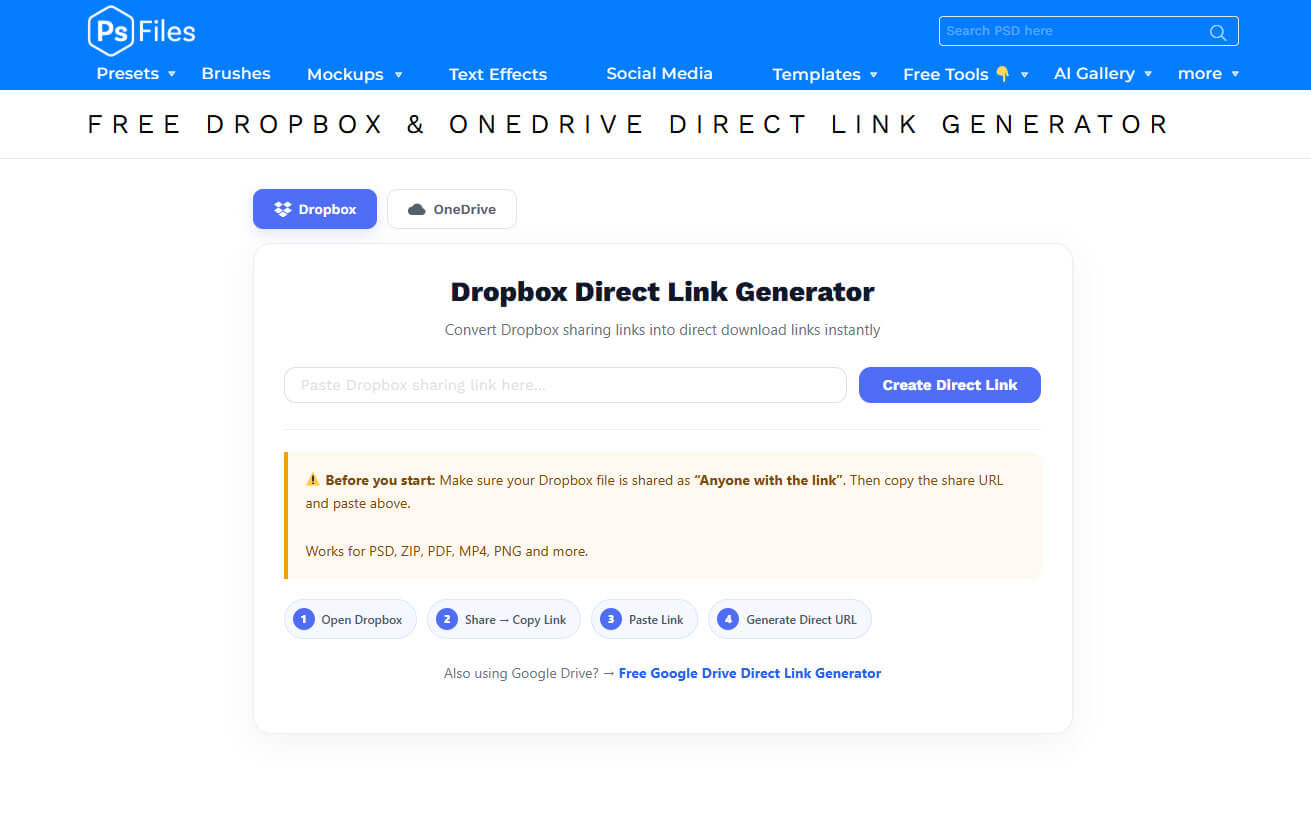 Dropbox and OneDrive direct link generator tool online by PsFiles