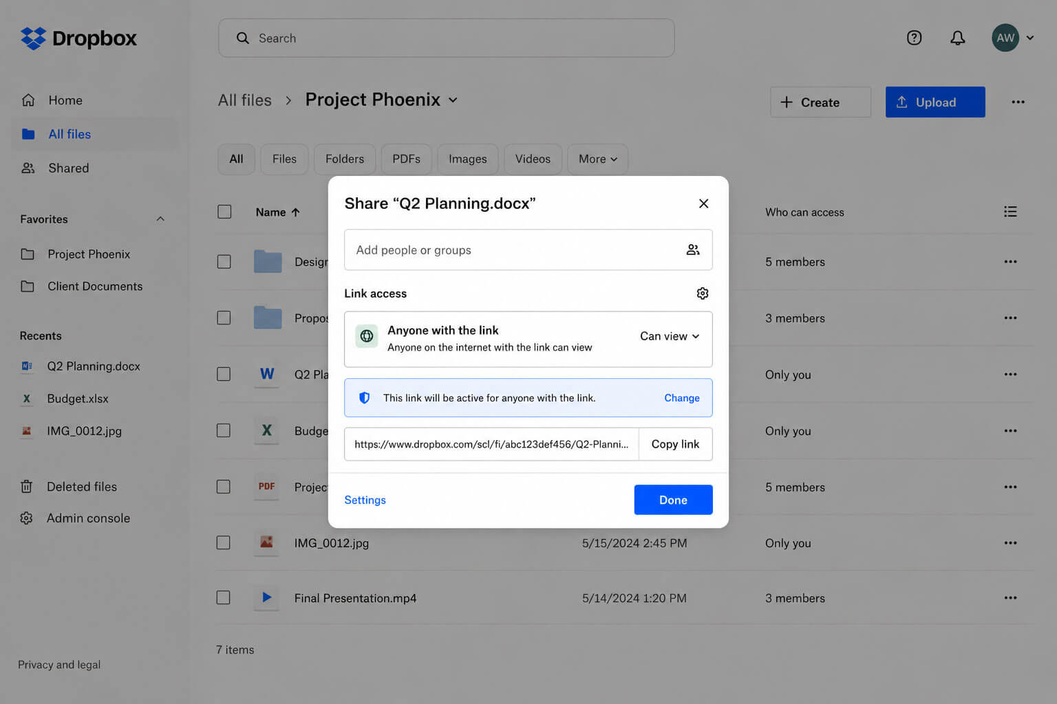 Dropbox share dialog set to Anyone with the link can view