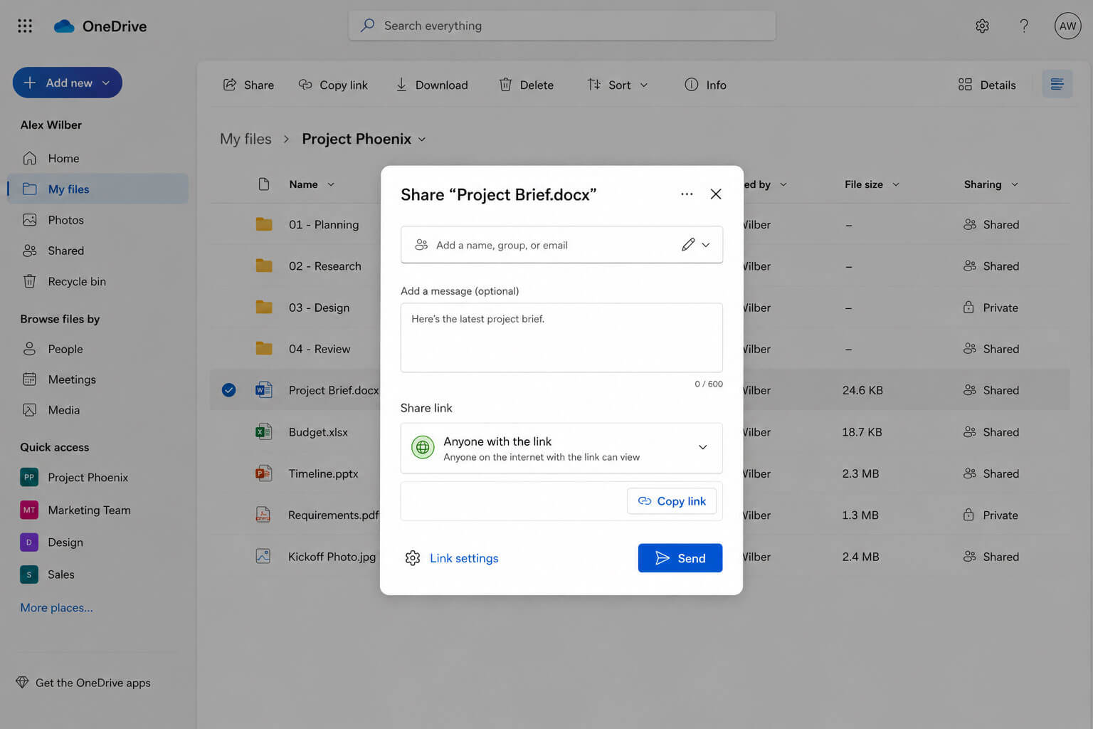 OneDrive share dialog set to Anyone with the link can view and copy link